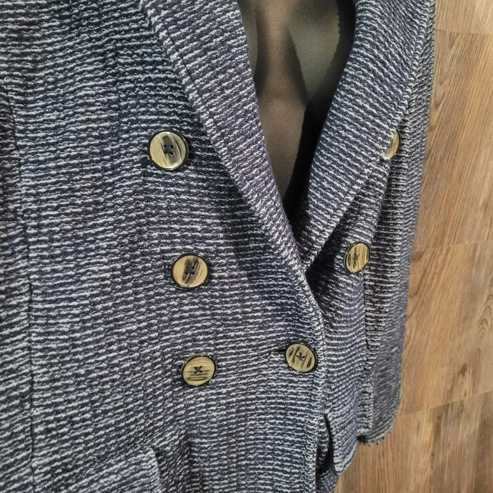 Chico's Double Breasted Jacket Size 3/XL Blue Faux-Tweed Knit Frayed Edge Office